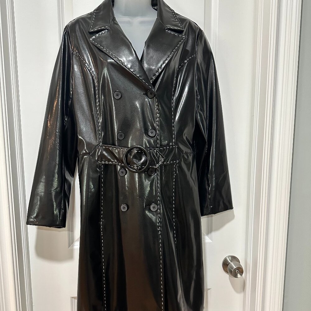 Vintage Maria Dionisiou Black Vinyl/Poly Trench Coat, Size M